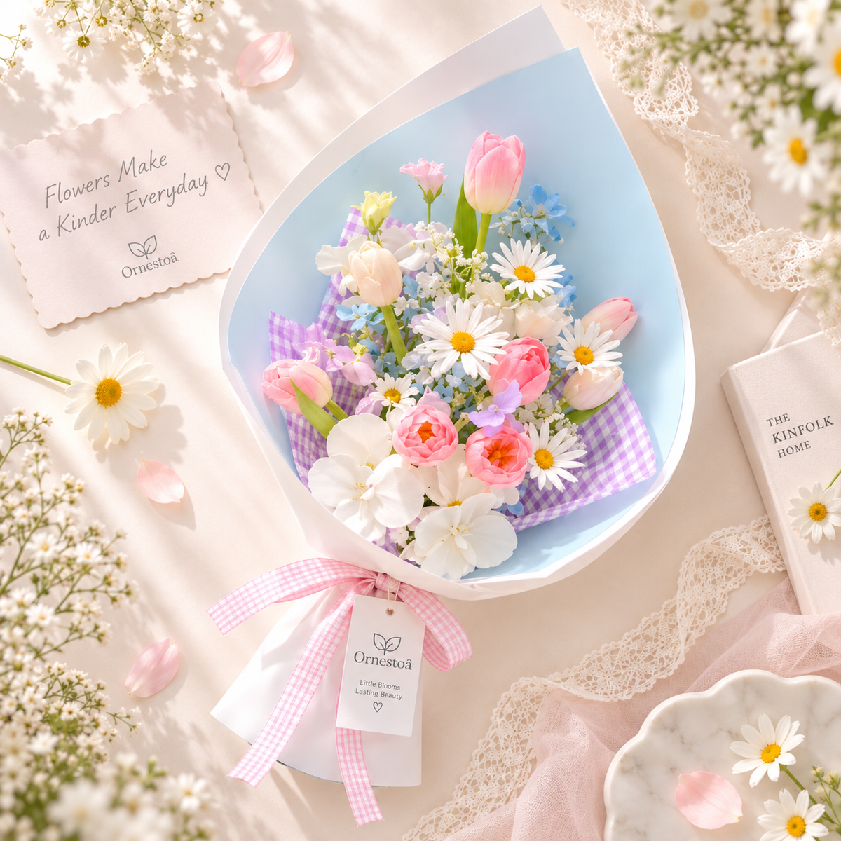 Ornestoa® Pastel Pink Tulip & Daisy Artificial Flower Bouquet