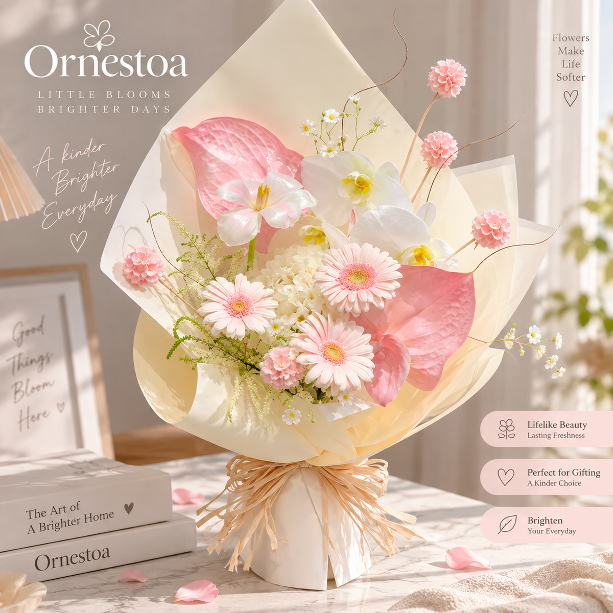Ornestoa® Pink & White Artificial Flower Bouquet