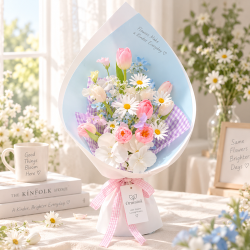 Ornestoa® Pastel Pink Tulip & Daisy Artificial Flower Bouquet