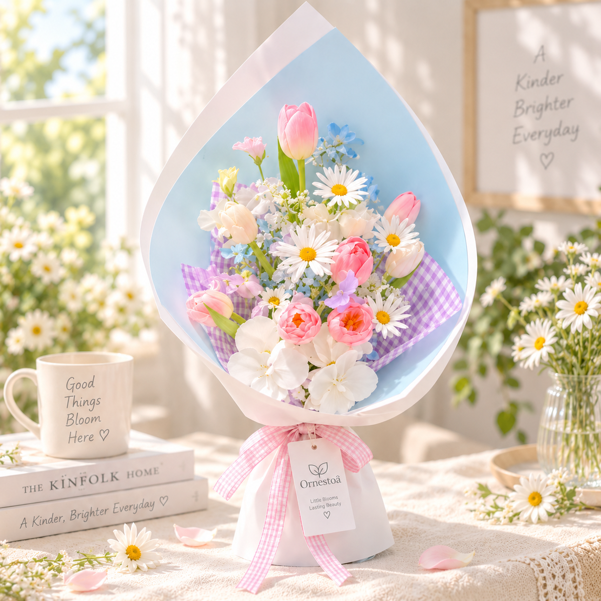 Ornestoa® Pastel Pink Tulip & Daisy Artificial Flower Bouquet