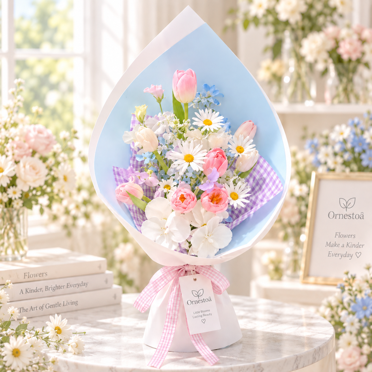Ornestoa® Pastel Pink Tulip & Daisy Artificial Flower Bouquet