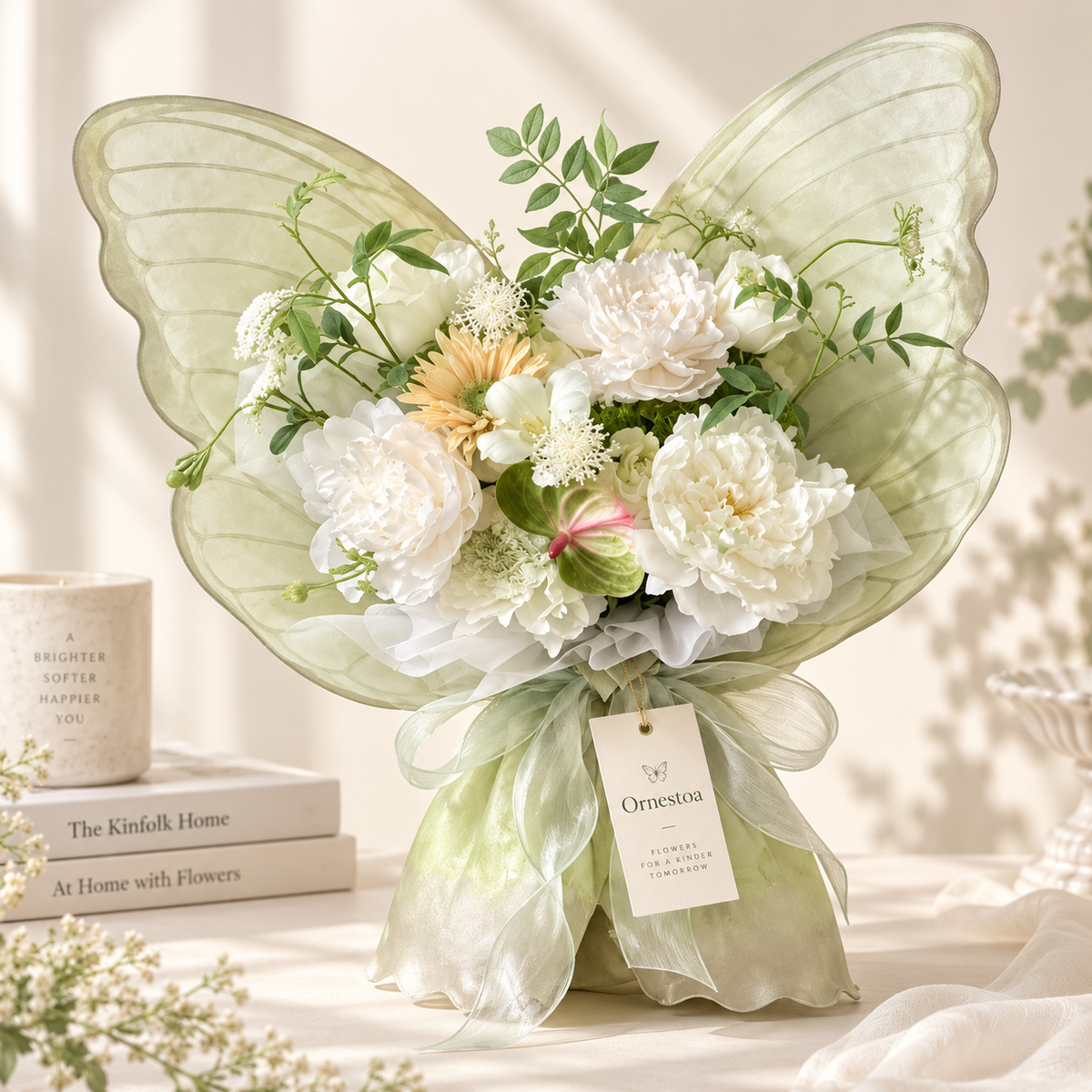 Ornestoa® White Peony Butterfly Artificial Flower Bouquet