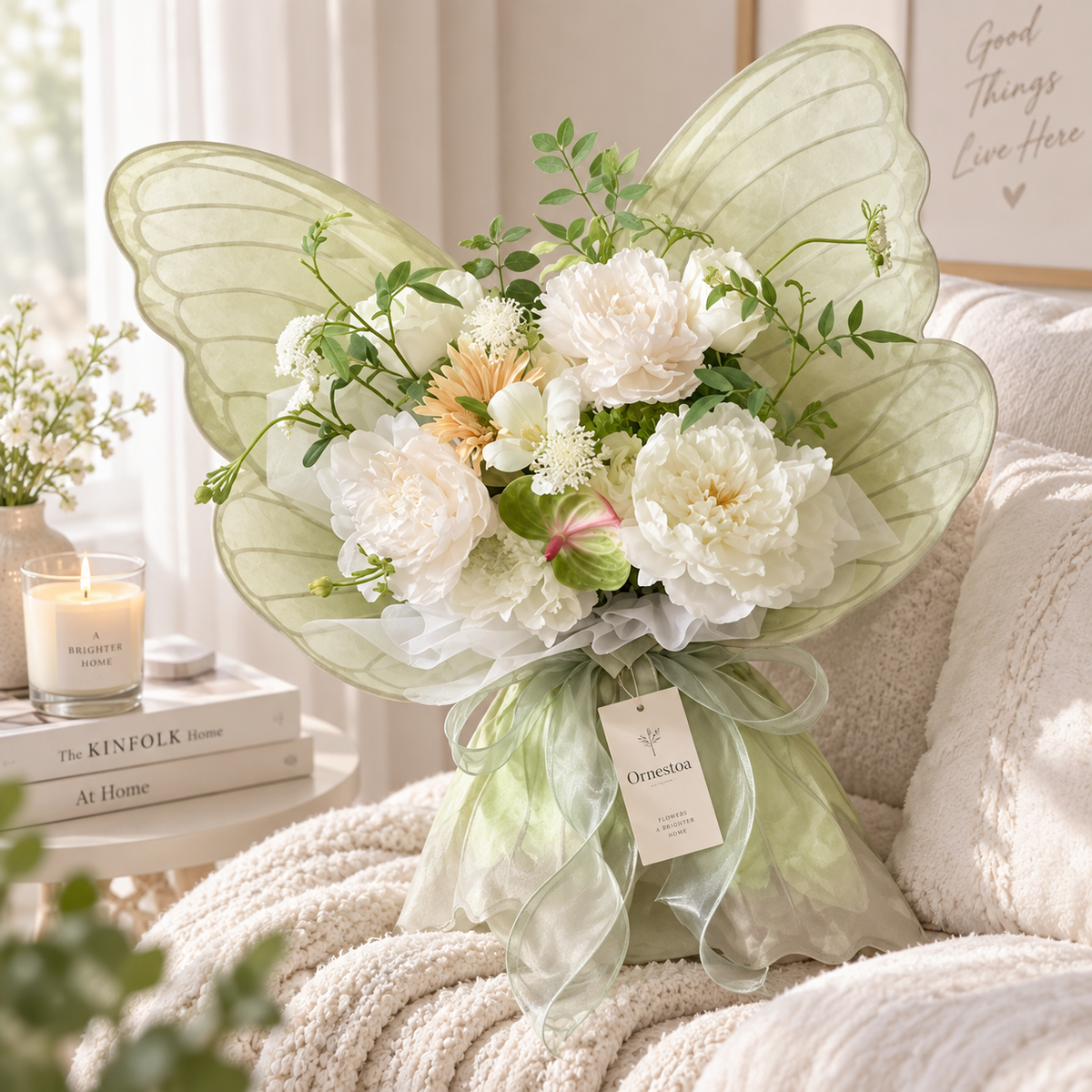 Ornestoa® White Peony Butterfly Artificial Flower Bouquet