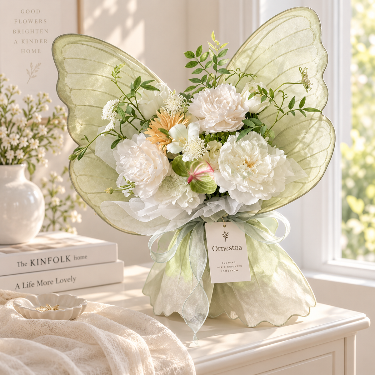 Ornestoa® White Peony Butterfly Artificial Flower Bouquet
