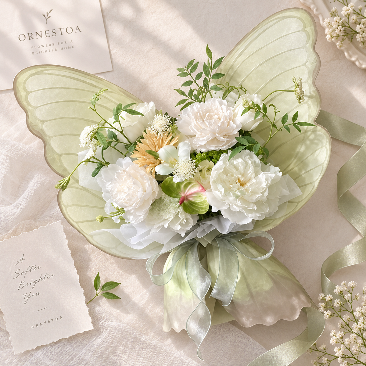 Ornestoa® White Peony Butterfly Artificial Flower Bouquet