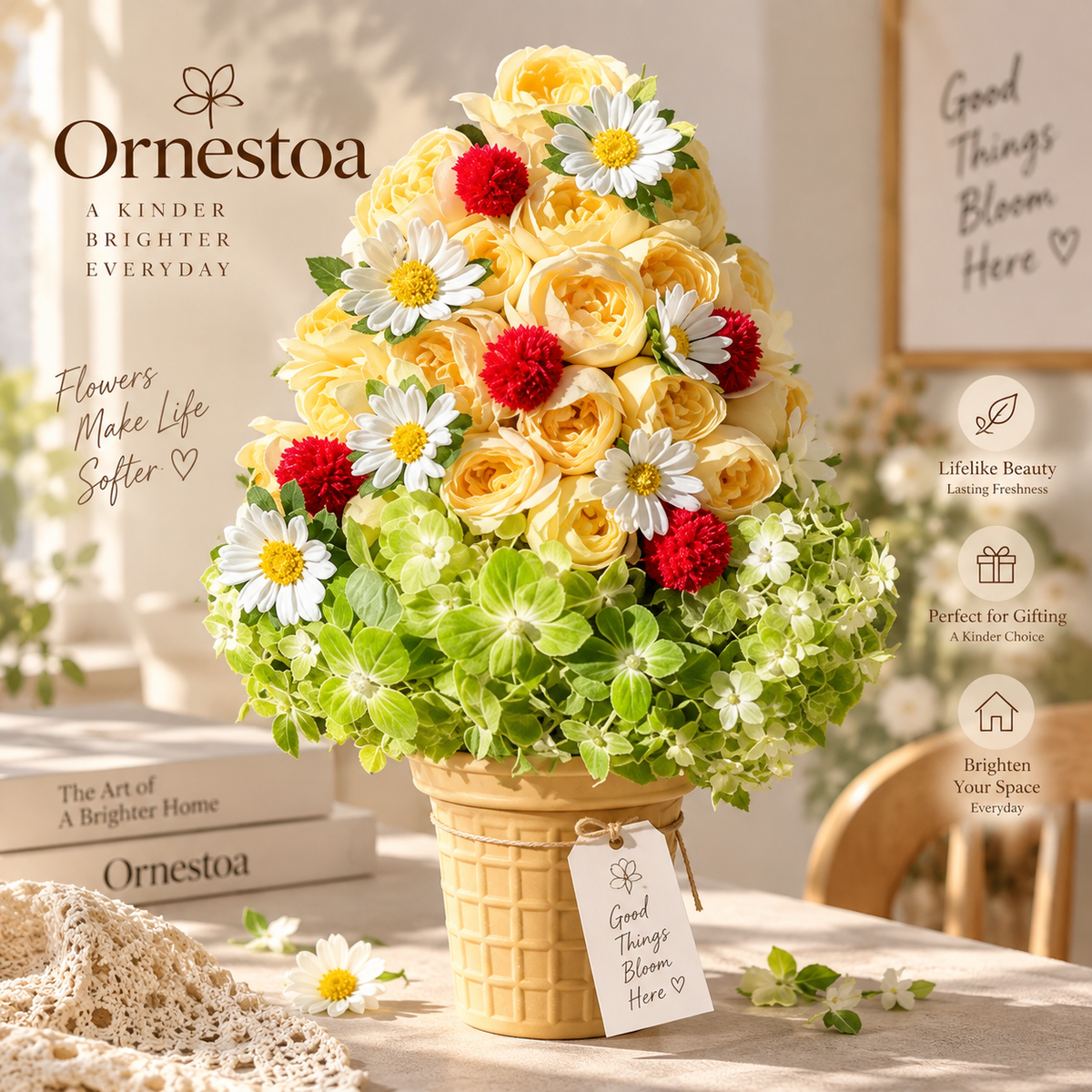 Ornestoa® Artificial Yellow Rose & Daisy Floral Arrangement in Decorative Pot