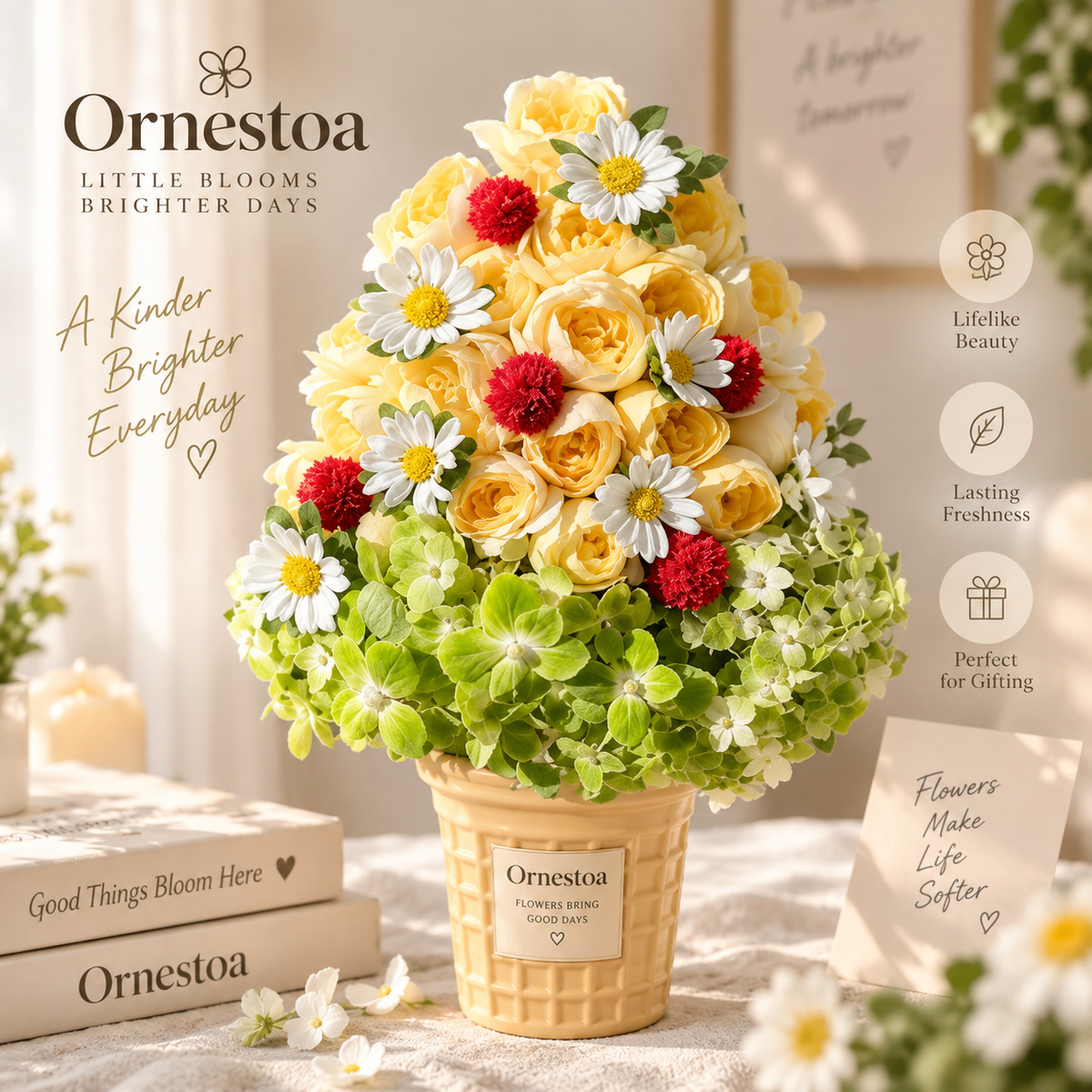 Ornestoa® Artificial Yellow Rose & Daisy Floral Arrangement in Decorative Pot