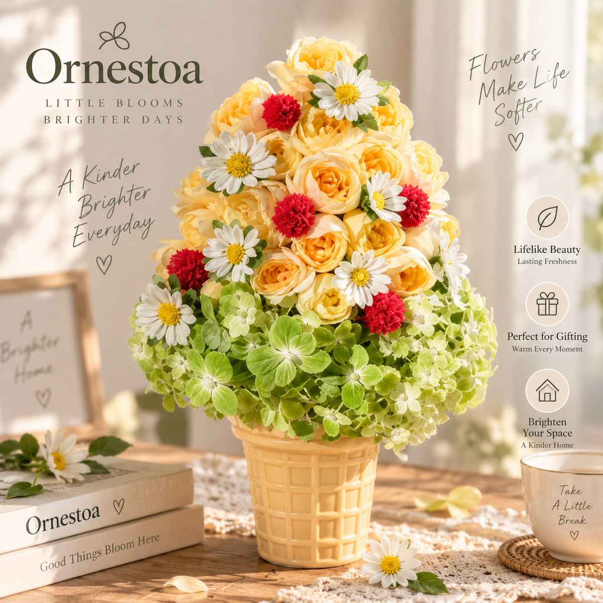 Ornestoa® Artificial Yellow Rose & Daisy Floral Arrangement in Decorative Pot