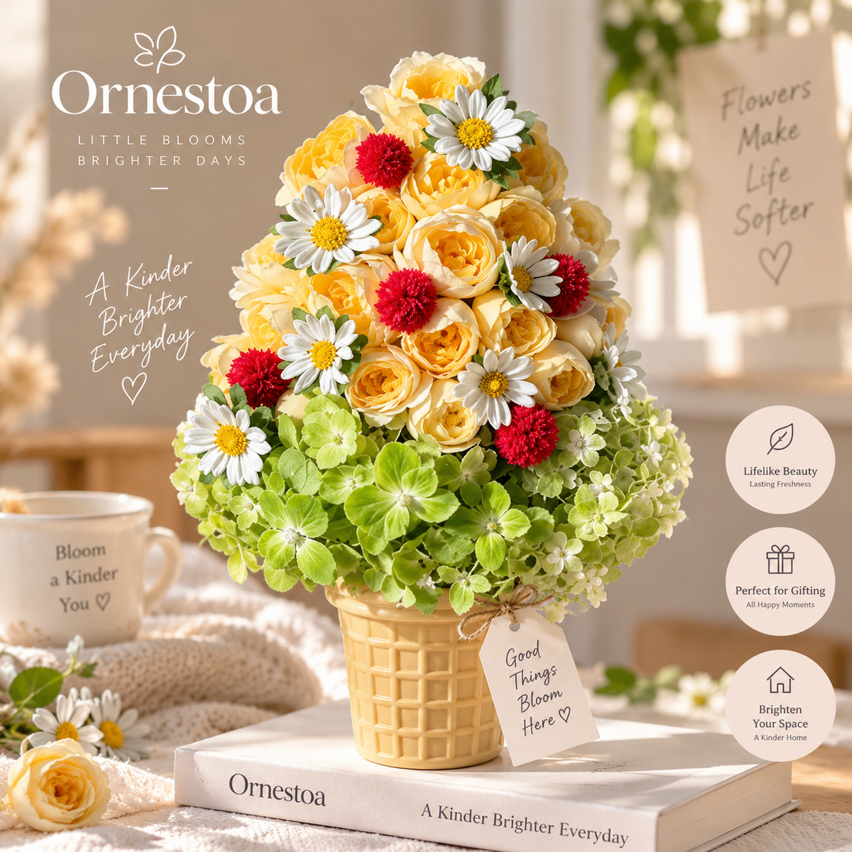 Ornestoa® Artificial Yellow Rose & Daisy Floral Arrangement in Decorative Pot