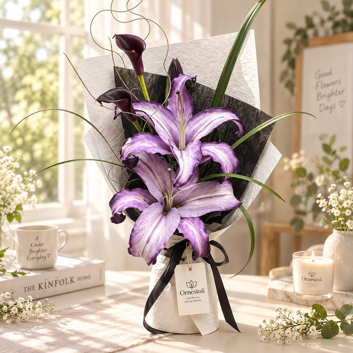 Ornestoa® Artificial Purple Lily & Calla Lily Bouquet, Elegant Faux Flower Arrangement