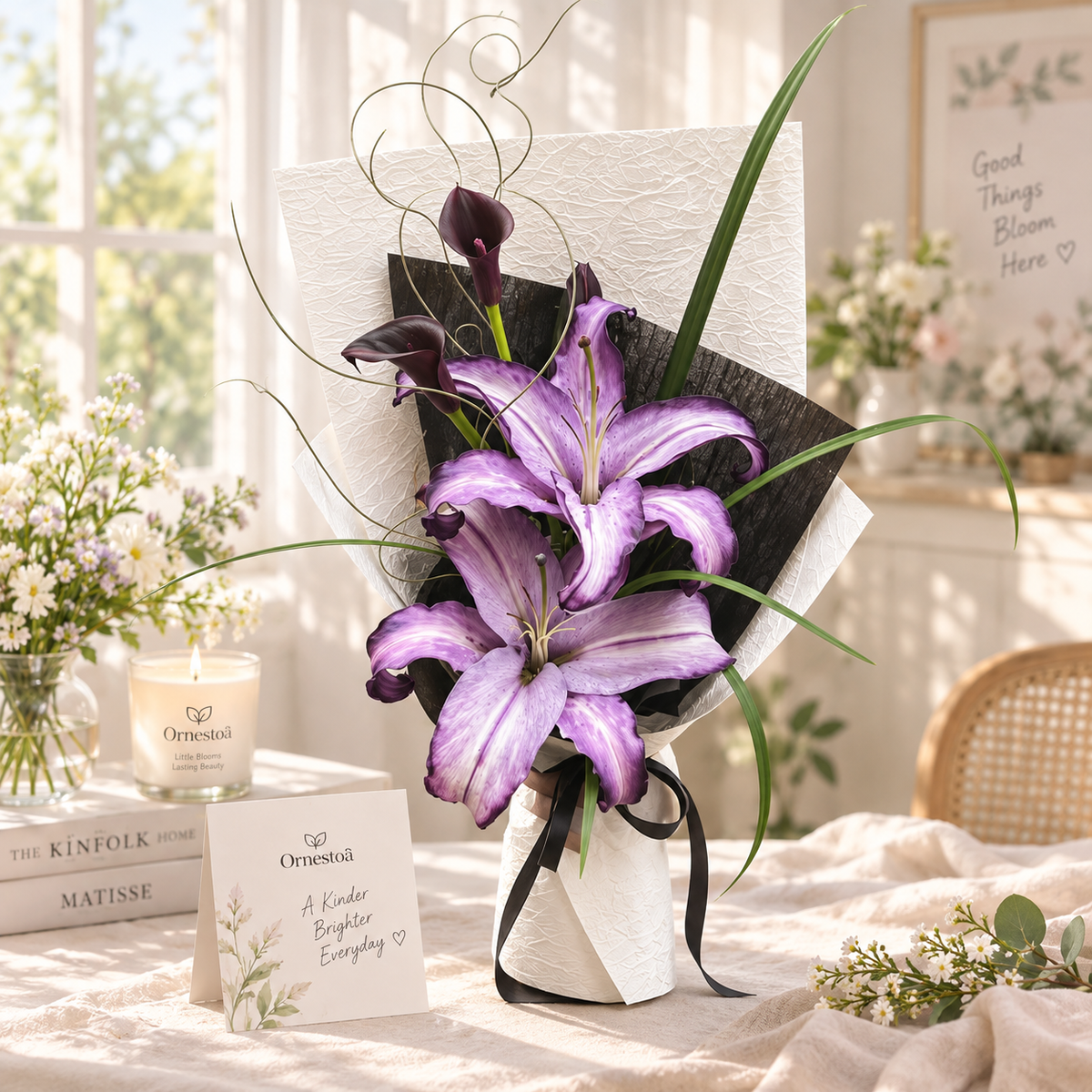 Ornestoa® Artificial Purple Lily & Calla Lily Bouquet, Elegant Faux Flower Arrangement