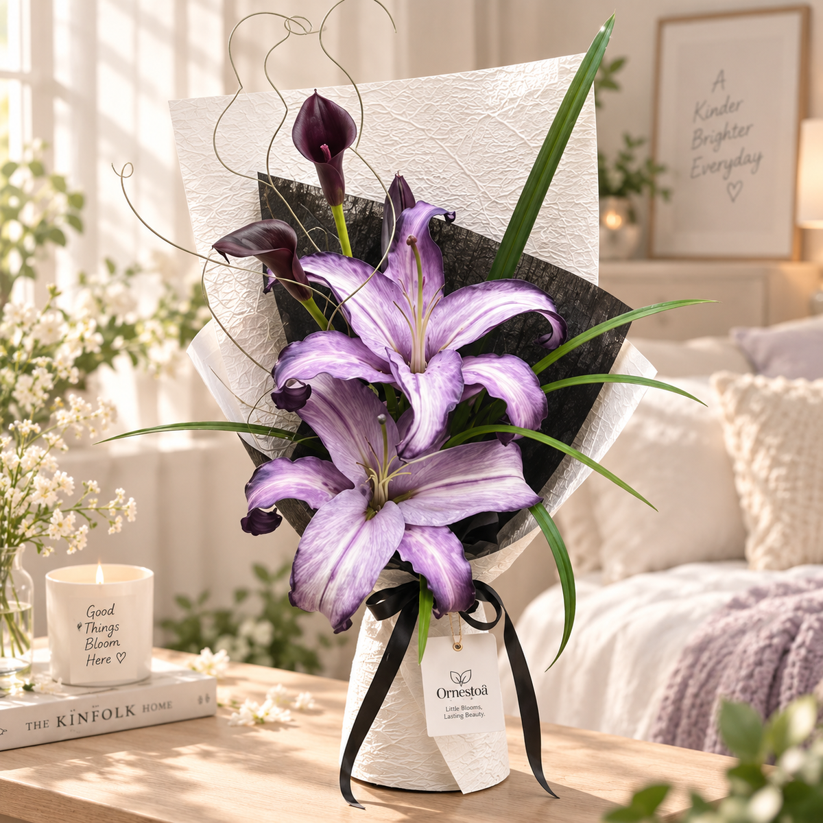 Ornestoa® Artificial Purple Lily & Calla Lily Bouquet, Elegant Faux Flower Arrangement