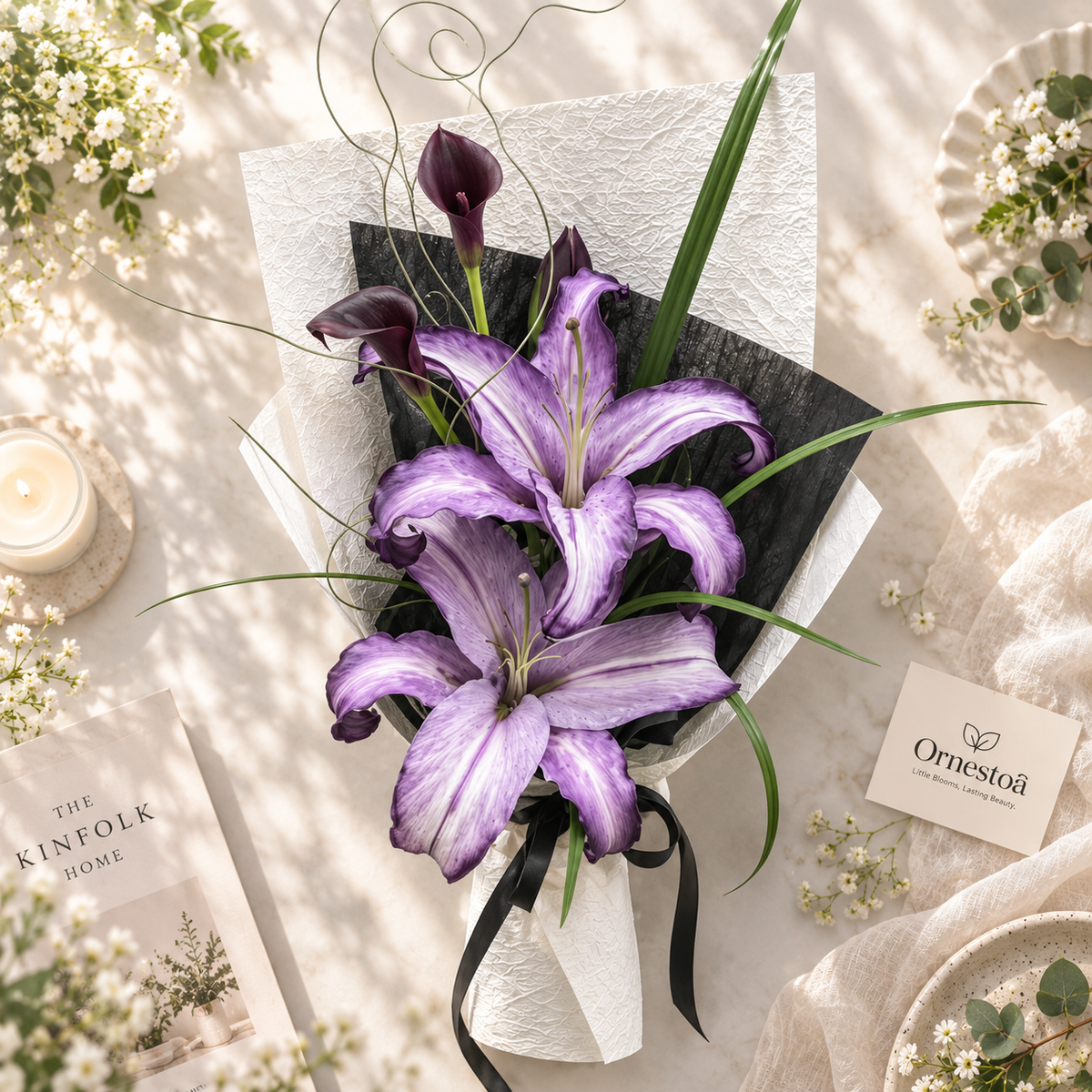 Ornestoa® Artificial Purple Lily & Calla Lily Bouquet, Elegant Faux Flower Arrangement