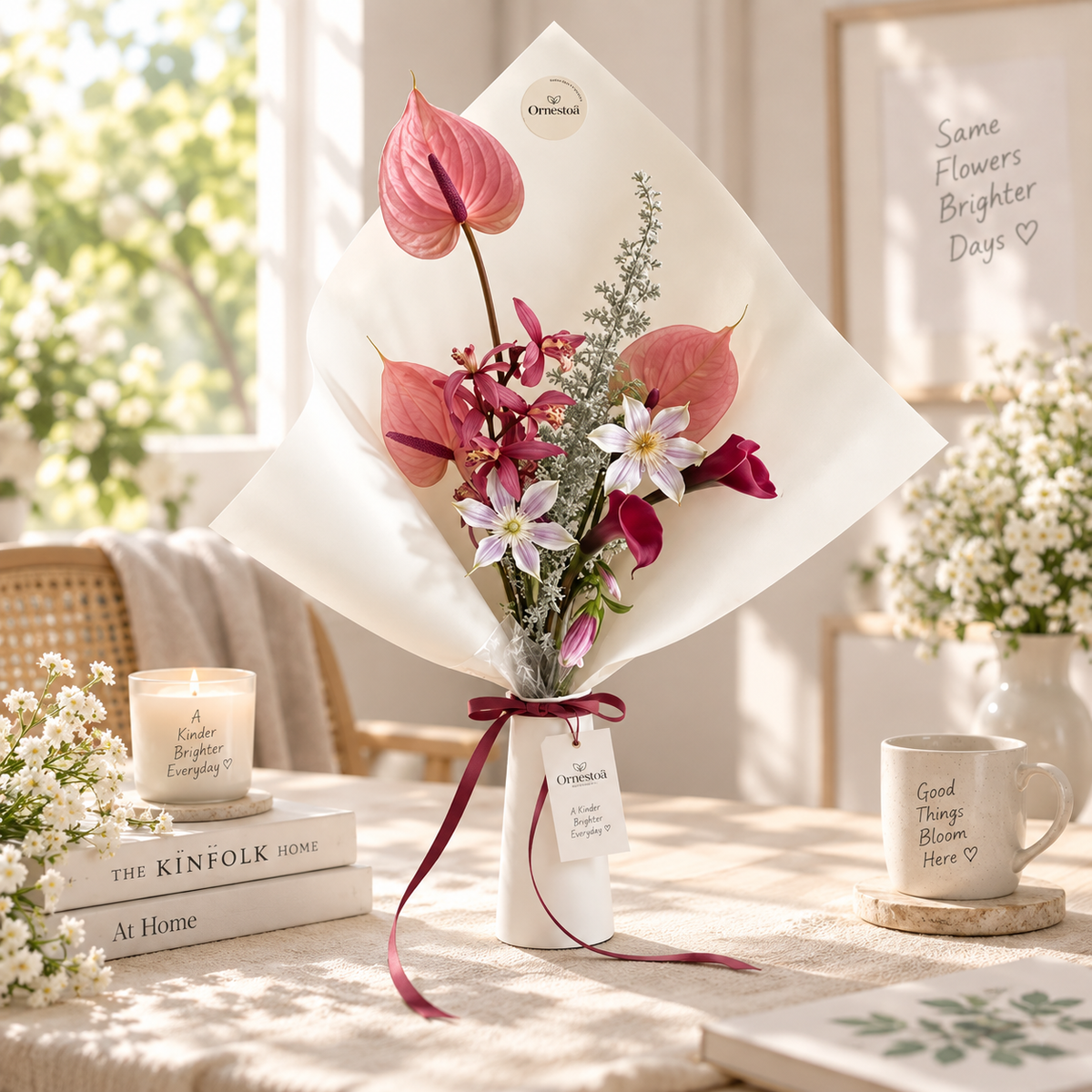 Ornestoa® Pink Anthurium & Calla Lily Artificial Flower Bouquet