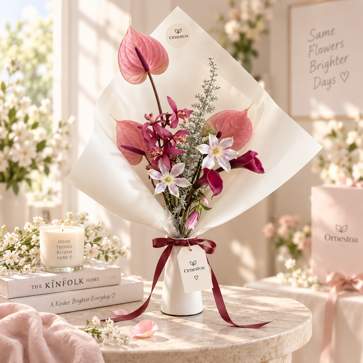 Ornestoa® Pink Anthurium & Calla Lily Artificial Flower Bouquet