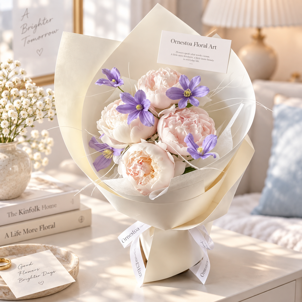 Ornestoa® Blush Peony & Purple Floral Artificial Bouquet