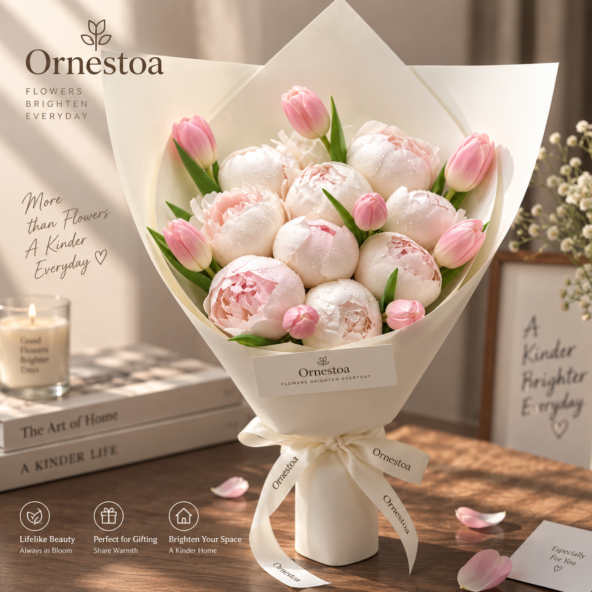 Ornestoa® Pink Peony & Tulip Artificial Flower Bouquet