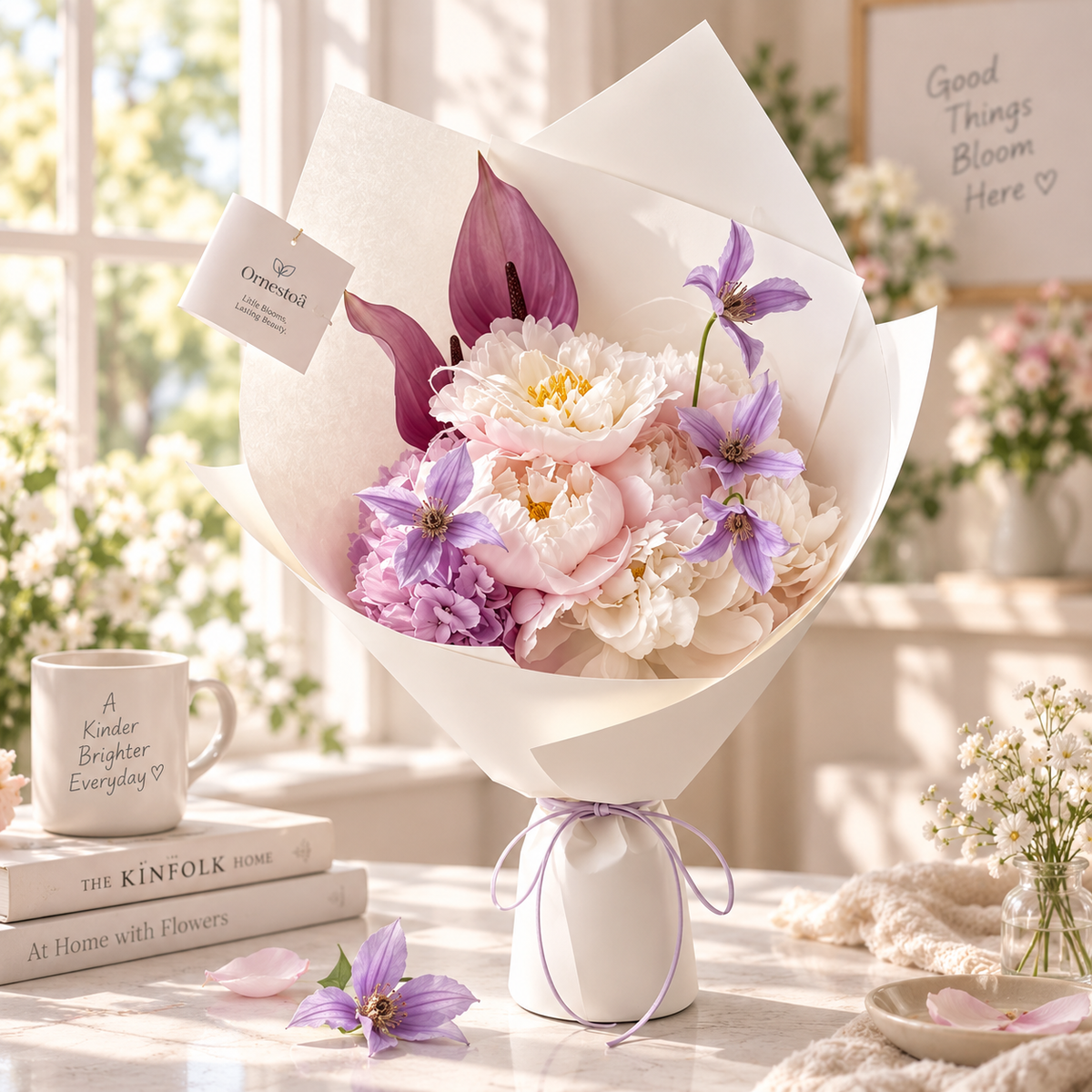 Ornestoa® Blush Peony & Lavender Artificial Flower Bouquet