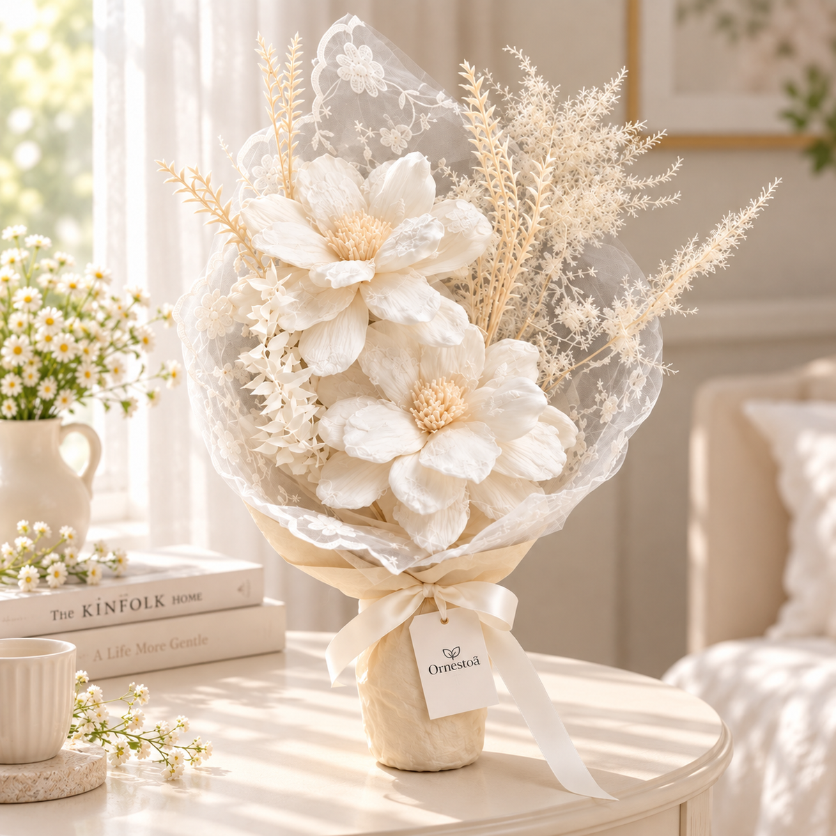 Ornestoa® Ivory Artificial Flower Bouquet with Lace Wrap