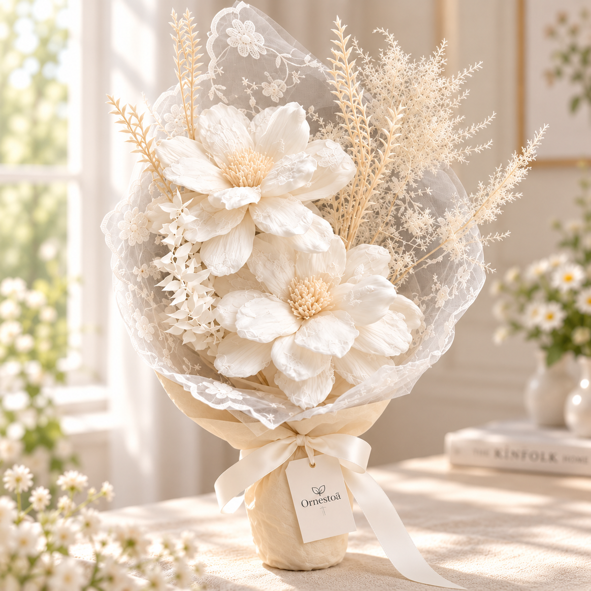Ornestoa® Ivory Artificial Flower Bouquet with Lace Wrap