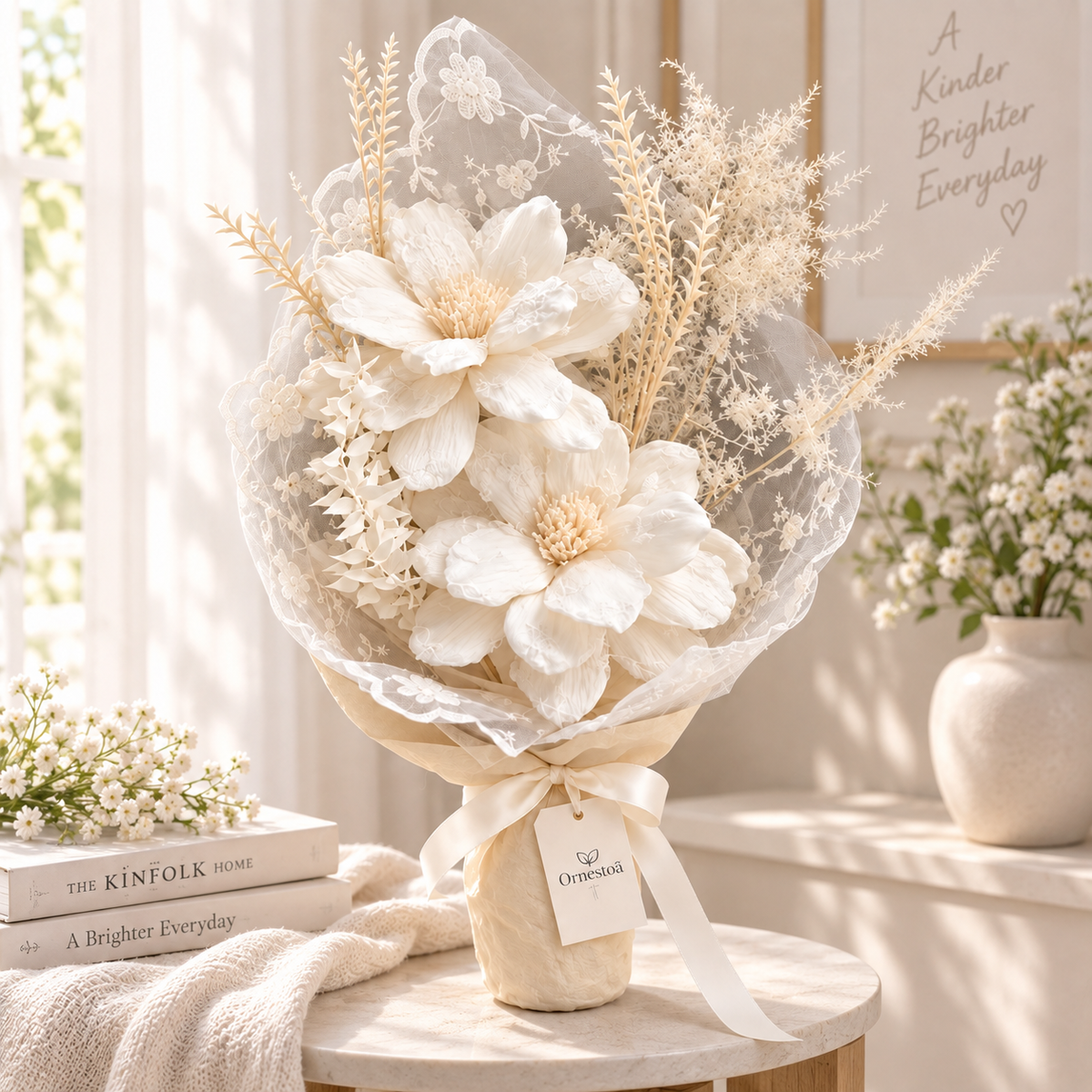 Ornestoa® Ivory Artificial Flower Bouquet with Lace Wrap