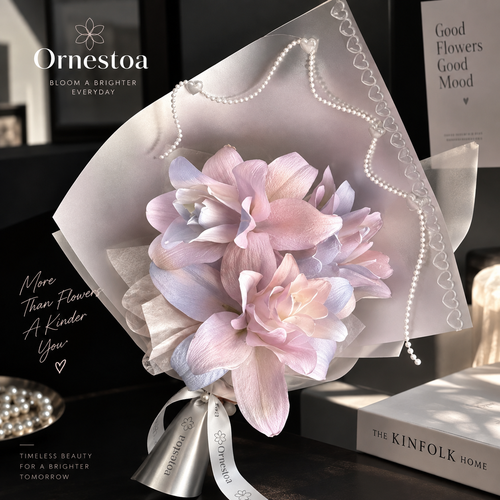 Ornestoa® Blush Pink Artificial Flower Bouquet with Pearl Wrap