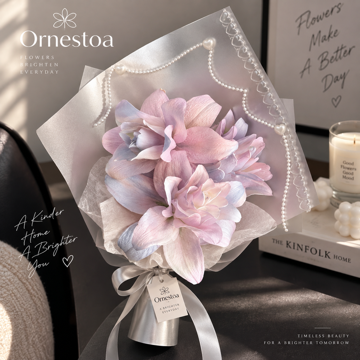 Ornestoa® Blush Pink Artificial Flower Bouquet with Pearl Wrap