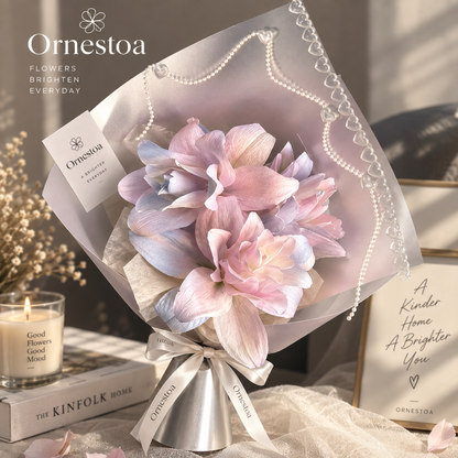 Ornestoa® Blush Pink Artificial Flower Bouquet with Pearl Wrap