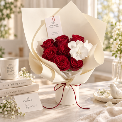 Ornestoa® Red Rose & White Orchid Artificial Flower Bouquet
