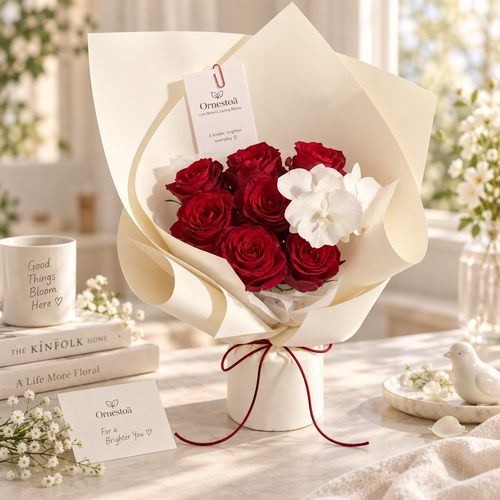 Ornestoa® Red Rose & White Orchid Artificial Flower Bouquet