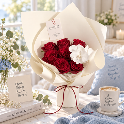 Ornestoa® Red Rose & White Orchid Artificial Flower Bouquet