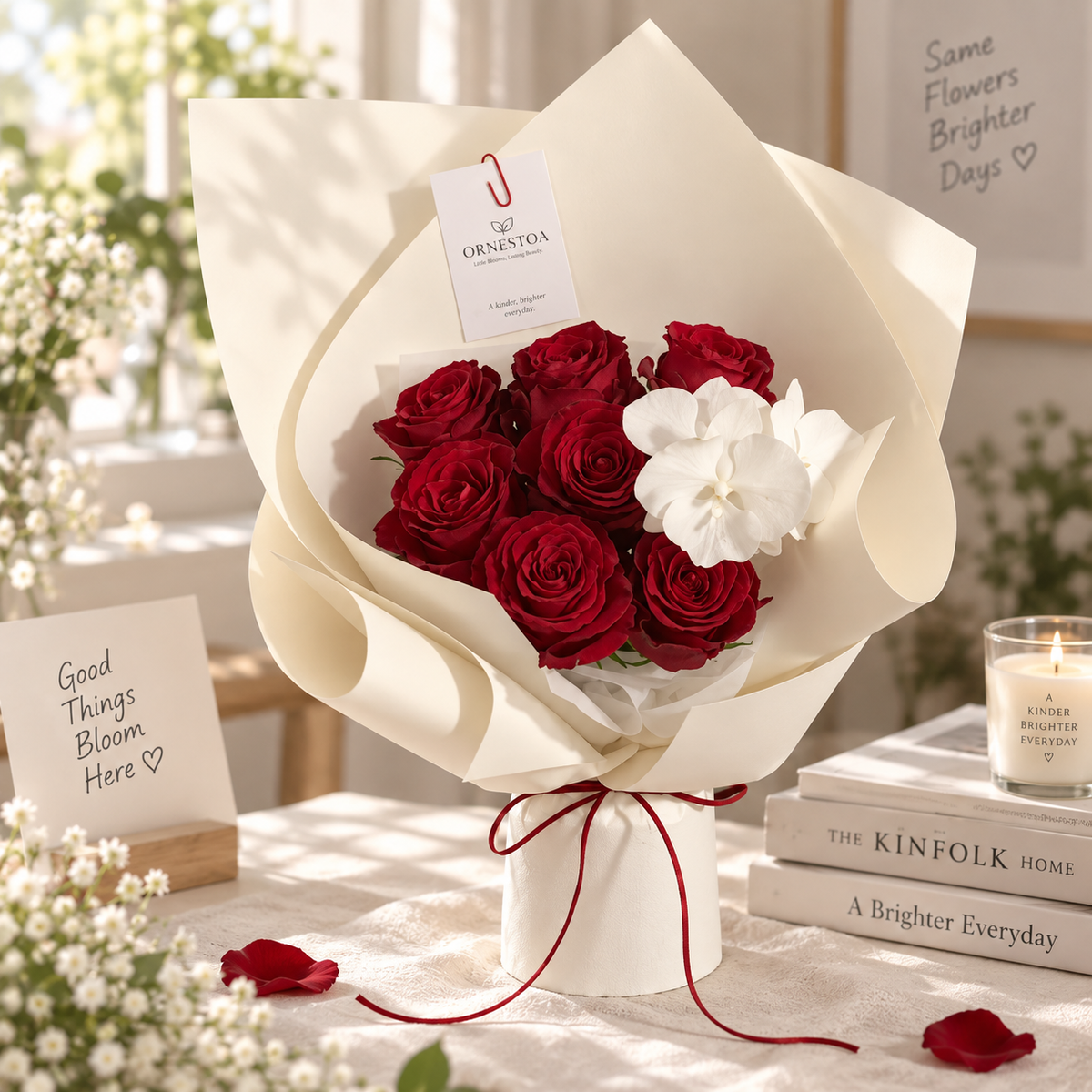 Ornestoa® Red Rose & White Orchid Artificial Flower Bouquet