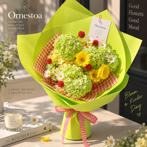 Ornestoa® Artificial Spring Bouquet with Green Hydrangea & Yellow Daisy Flowers