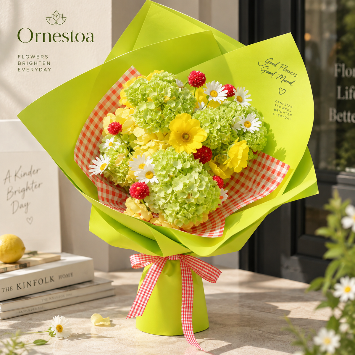 Ornestoa® Artificial Spring Bouquet with Green Hydrangea & Yellow Daisy Flowers