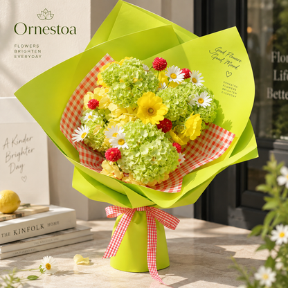 Ornestoa® Artificial Spring Bouquet with Green Hydrangea & Yellow Daisy Flowers
