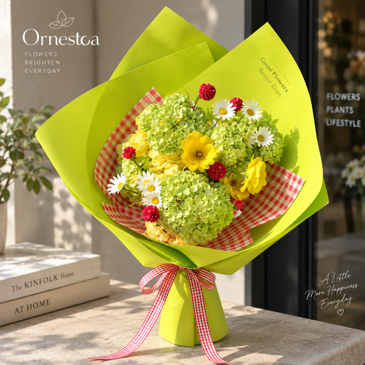 Ornestoa® Artificial Spring Bouquet with Green Hydrangea & Yellow Daisy Flowers